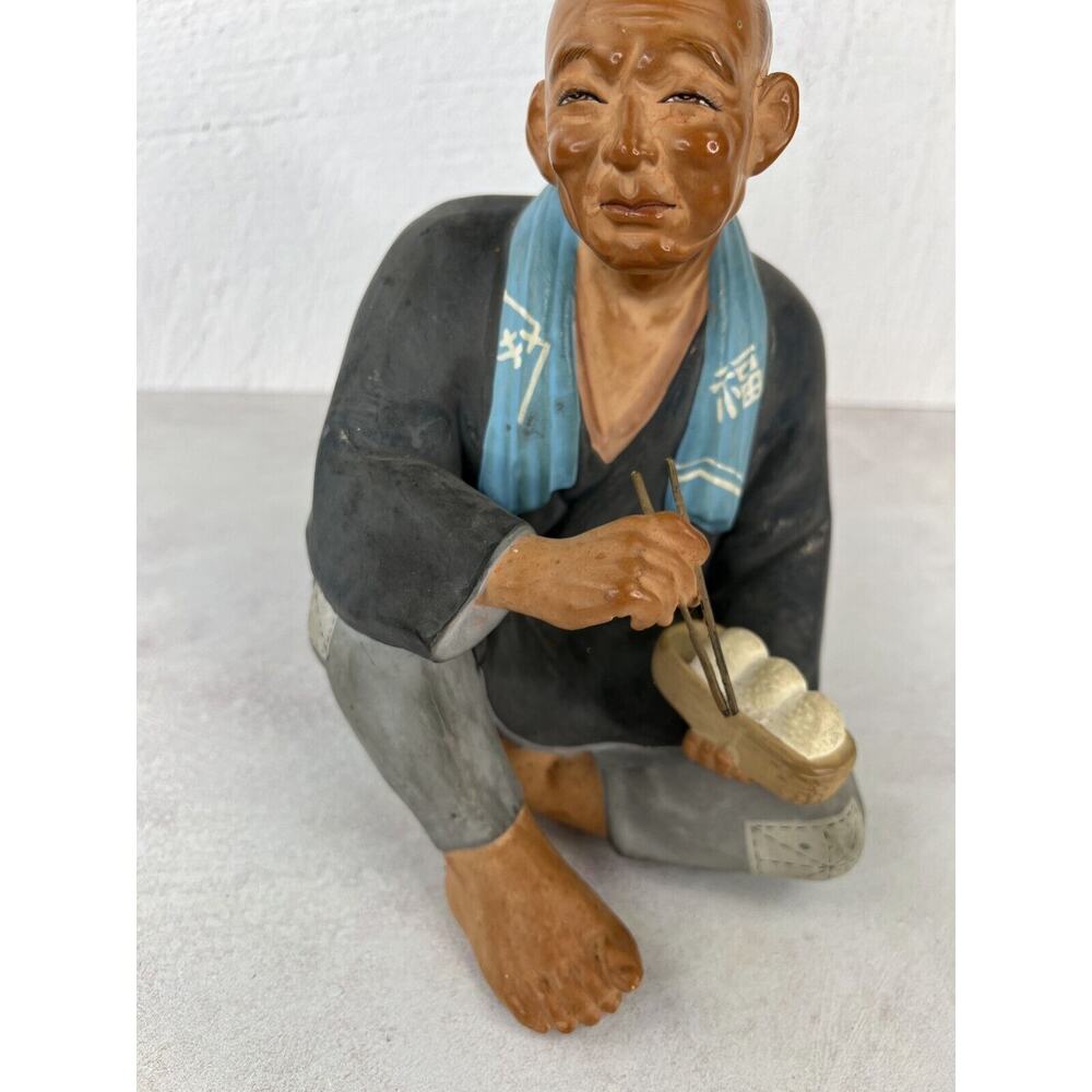 Vintage Japanese Hakata Urasaki Old Man Eating Rice Figurine with Chopsticks